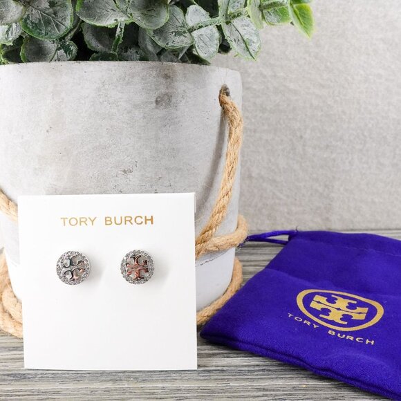 Tory Burch Miller Pavé Stud Earrings Silver/Crystal OS - Picture 3 of 14